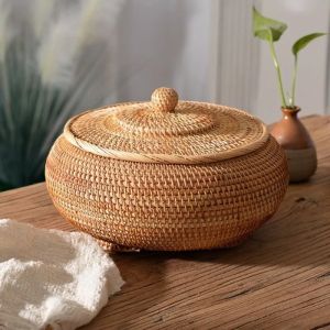 Boîtes rondes en rotin avec couvercle, plateau en osier polyvalent tissé à la main, panier de