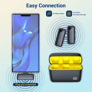 Microphone Lavalier avec étui de chargement, Microphone stéréo sans fil 2.4G pour entretien en