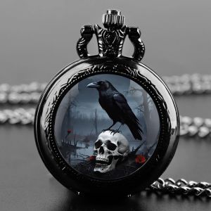 Montre de poche à Quartz motif crâne corbeau Vintage, collier à la mode, pendentif chaîne, bijoux