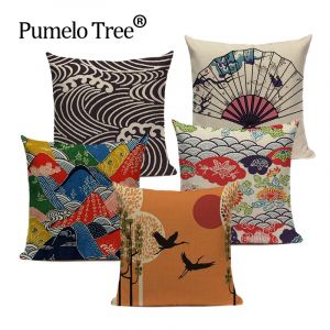 Housse de coussin décorative en lin, Style japonais Ukiyo rétro Fuji montagne Cojines Almofadas 45Cm