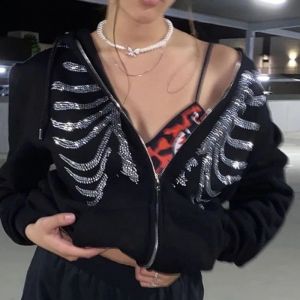 Y2K strass squelette veste &agrave; capuche femmes gothique noir fermeture &eacute;clair surdimensionn&eacute; sweats
