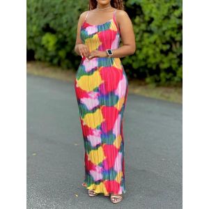 Robe plissée imprimée Tie Dye pour femmes, robe moulante d'été à bretelles Spaghetti, robes