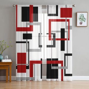 Rideau transparent en Tulle imprimé avec carrés géométriques abstraits, noir et rouge, pour salon,