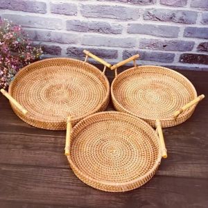 1PC Rotin Pain De Stockage Tissé Collations Fruits Plateau Rond Pique-Nique Binaural Plateau Salon