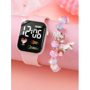 Montre électronique rectangulaire en silicone rose pour femmes, sport de loisirs, coffret cadeau