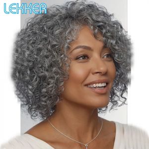 Lekker-Perruque Brésilienne Remy 100% Naturelle, Cheveux Crépus Bouclés, Gris Argent, Partie