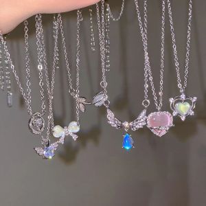 Collier avec pendentif ailes d'ange et cœur pour femmes, nœud en cristal Y2K, doux et Cool, chaîne