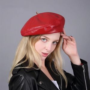 Chapeau b&eacute;ret en cuir v&eacute;ritable pour femme, casquette de peintre de citrouille europ&eacute;enne, couleur