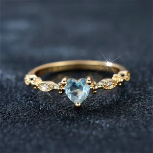 Bague en pierre de Zircon bleu d'eau pour femmes, mignonne, tendance, couleur or jaune, c&oelig;ur,