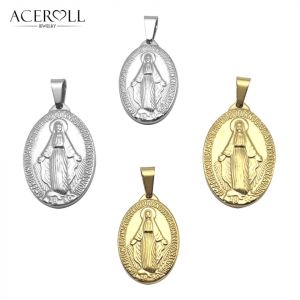 ACEROLL Pendentif ovale catholique en acier inoxydable, m&eacute;daille miraculeuse pour la chr&eacute;tienne