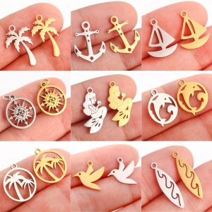 Breloques de surf, ancre, mouette, trèfle à quatre feuilles, boussole en acier inoxydable, pendentif