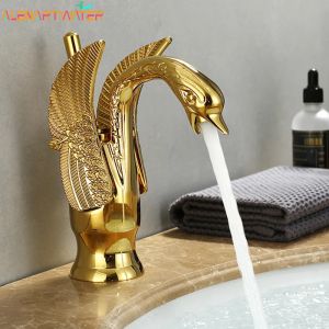 Robinet de lavabo doré, évier monté sur le pont, robinets courts en forme de cygne, évier à poignée