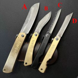 Couteau de poche japonais Higonokami, couteau pliant, lame en acier damas, manche en cuivre,