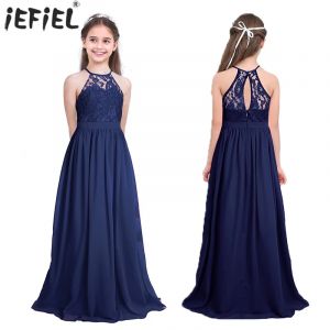 Robe longue en dentelle florale pour filles, robe de princesse &eacute;l&eacute;gante, col licou, f&ecirc;te
