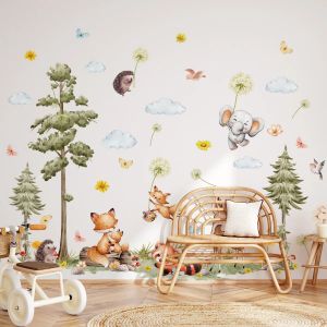 Autocollant Mural hérisson mignon, hippopotame, renard, lapin, Lion, Animal, arrière-plan de chambre
