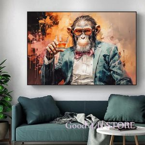 Costume de gentleman singe abstrait, chimpanz&eacute; avec un verre de whisky, affiche d'animal, peinture