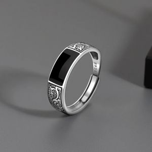 Bague en argent Sterling 925 pour hommes, bijoux rectangulaire noir, motif Dragon rétro, anneaux