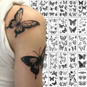 Autocollant de tatouage temporaire papillon noir pour femmes, faux transfert de tatouage papillon