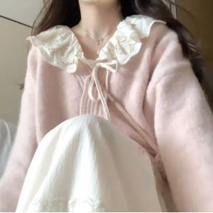 Cardigan coréen à col claudine rose à volants pour femmes, pulls doux pour femmes, sucirculation