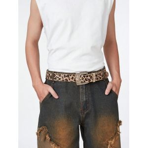 Ceinture en jean &agrave; bords de perles pour hommes, 1 pi&egrave;ce, l&eacute;opard Vintage grav&eacute;, boucle en m&eacute;tal,
