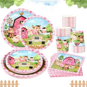 Vaisselle jetable de vache de ferme rose, décoration de fête d'anniversaire sur le thème de la