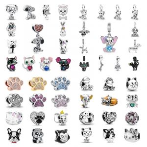 Fine 925 argent plaqu&eacute; ajustement Original Bracelet europ&eacute;en chien patte chat balancent perles