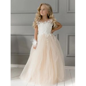 Robe de demoiselle d'honneur couleur champagne, tulle scintillant, appliques en dentelle, enfants,