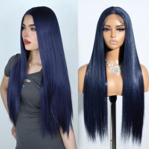 Perruques avant de dentelle synthétiques 30 "bleu foncé violet noir couleur cheveux longue perruque