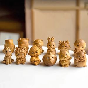 Mini sculpture sur bois Miniature 12 zodiaque Animal Rat tigre lapin dragon serpent cheval mouton