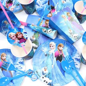 Décorations de fête d'anniversaire princesse Anna Elsa la reine des neiges, vaisselle jetable pour