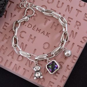 Nouveaut&eacute; doux petit ours conception animale cristal brillant 925 en argent Sterling dames bracelet