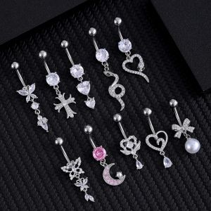 Anneaux de Nombril longs pendants en acier inoxydable, 14G, nœud papillon, cœur, perle, Piercing de