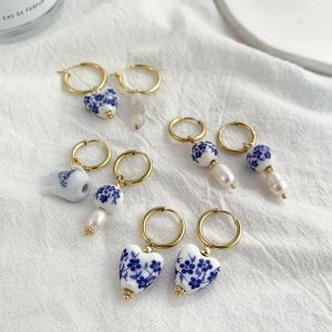 Nouveau bleu et blanc porcelaine théière pendentif boucle d'oreille Vintage en céramique coeur boule