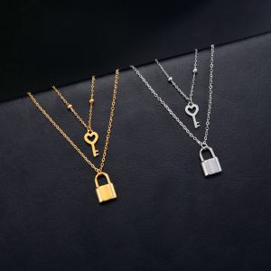 Skyrim clé cadenas pendentif collier en acier inoxydable couleur or femmes Double couche chaîne