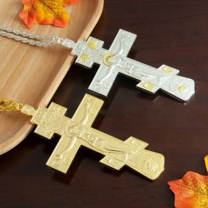 Croix de jésus orthodoxe, Crucifix de jésus plaqué or, pendentif croix pectorale, collier pour
