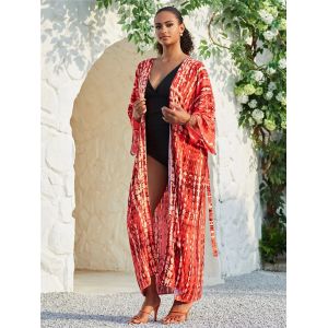 Maillot de bain kimono long pour femmes, &eacute;l&eacute;gant, teinture par nouage, ouvert sur le devant, tenues