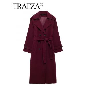 TRAFZA 2024 femmes vin rouge Tweed manteau avec ceinture col rabattu manches longues poche Double