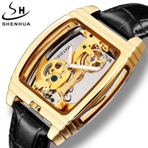 Montre m&eacute;canique automatique transparente hommes Turbillon Steampunk squelette luxe or Toourbillon