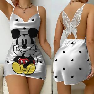 Chemise de nuit en Satin imprim&eacute; Mickey Mouse Minnie, col en V, dos nu, Mini chemise de nuit, robe