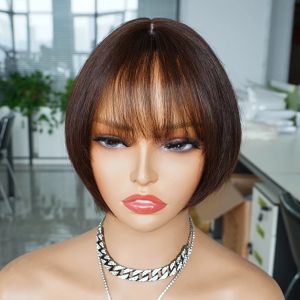 Perruque Bob brésilienne naturelle, cheveux courts et lisses, avec frange, entièrement faite à la