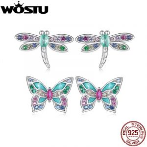 WOSTU 925 argent Sterling arc-en-ciel CZ libellule papillon boucles d'oreilles mignon insecte