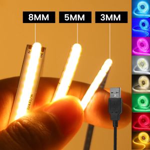 Bande COB USB DC 5V, 3MM 5MM 8MM, blanc/rose/rouge/blanc/jaune/jaune/bleu glace/vert, ruban