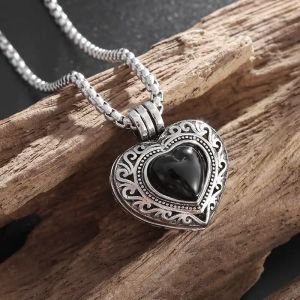 Collier boîte Gawu en forme de cœur pour femmes, pendentif romantique en pierre noire ouvrable,
