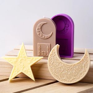 Moule &agrave; bougie en forme de croissant de lune Mandala, en Silicone, &eacute;toile, pour d&eacute;cor du Ramadan Eid