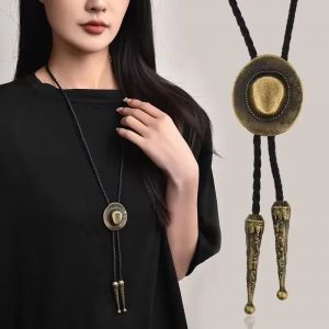 Cravate Bolo en cuir tricot&eacute; &agrave; la main, longue cha&icirc;ne de pull, chapeau de Cowboy r&eacute;tro, collier,