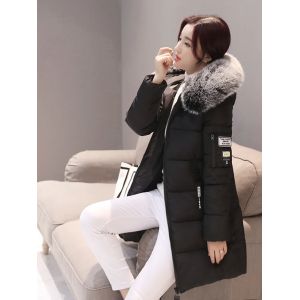 Parka à capuche avec col en fourrure noire pour femme, manteau à la mode avec lettres et poches