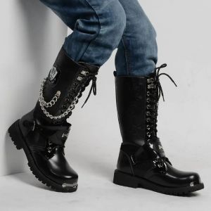 Bottes de moto en cuir pour hommes, bottes à plateforme mi-mollet avec chaîne, ceinture gothique,