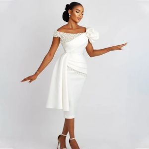 Robe de mariée fourreau/colonne courte, épaules dénudées, perles, robe de luxe pour mariée, drapée