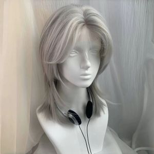 Lolita perruque synthétique front dentelle queue de loup cheveux courts bouclés argent gris