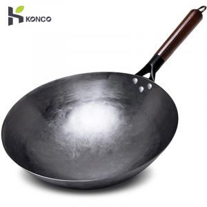 Wok en fer domestique, poêle en fer forgé à la main, manche en bois, fer pur sans revêtement, Pot